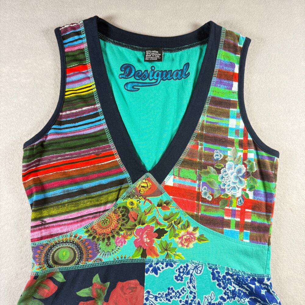 Vtg Y2K Desigual tank top dress - v neck multi fabric floral stripes lagenlook L - Picture 2 of 11
